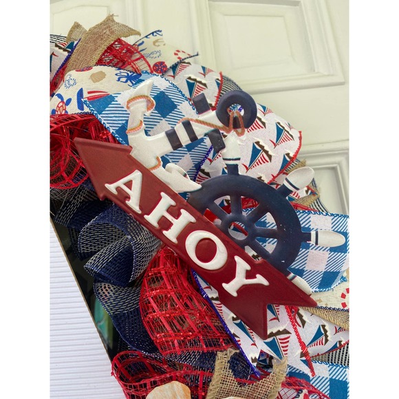 Coastal Sailboat Ahoy Anchor Beach Seashells Fish Summer Deco Mesh Ribbon Wreath - Picture 3 of 9